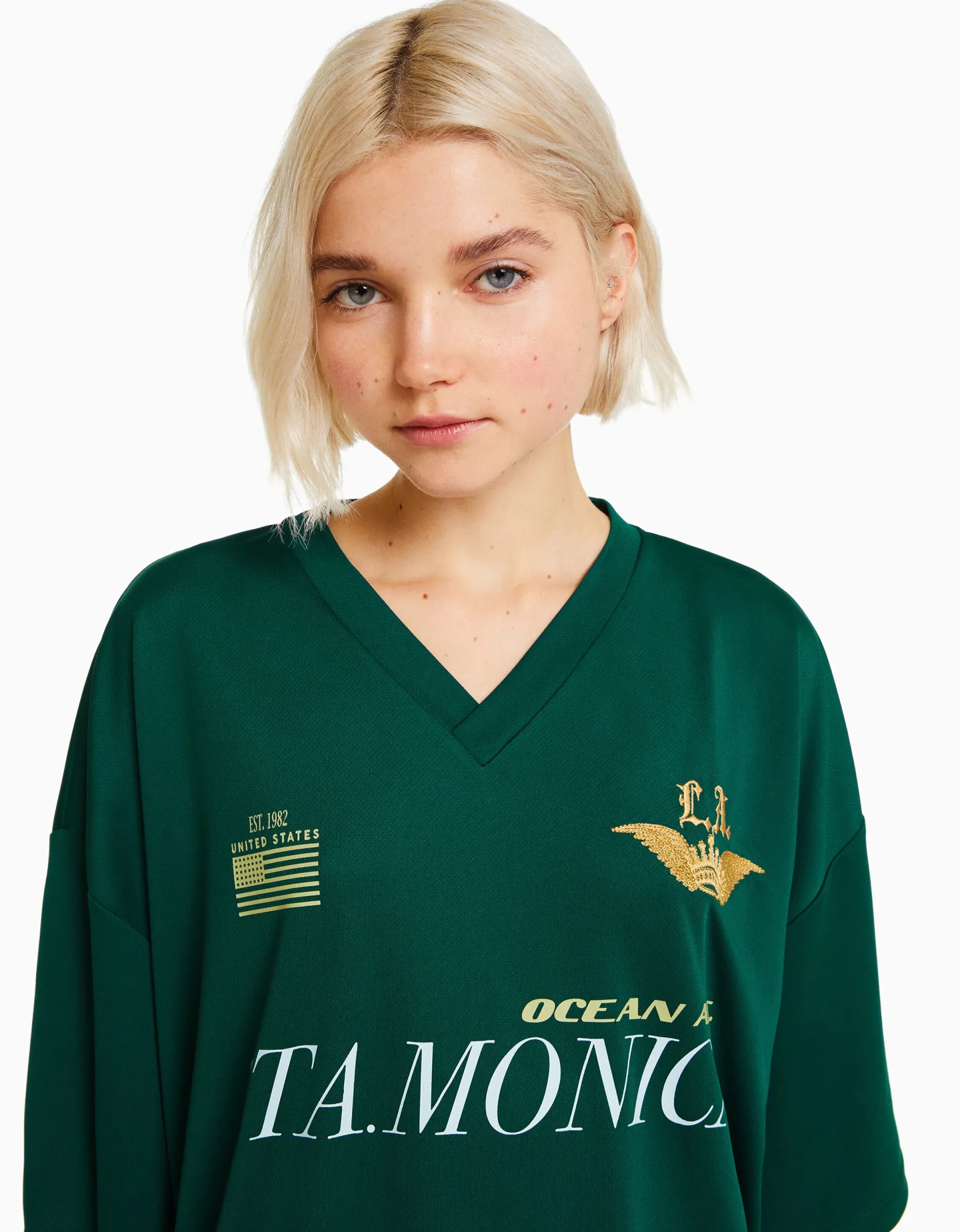 BERSHKA T-shirt manches courtes col polo football Vert Best