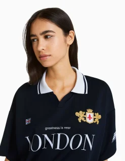 BERSHKA T-shirt manches courtes col polo football Marine Flash Sale