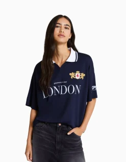 BERSHKA T-shirt manches courtes col polo football Marine Fashion