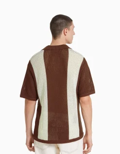 BERSHKA T-shirt manches courtes col polo maille rayures Marron Fashion