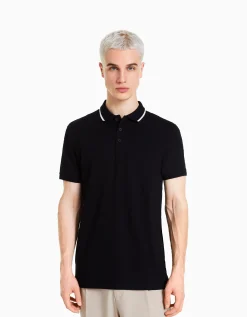 BERSHKA T-shirt manches courtes col polo bandes Blanc Online