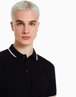 BERSHKA T-shirt manches courtes col polo bandes Blanc Online