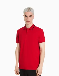 BERSHKA T-shirt manches courtes col polo bandes Blanc Cheap