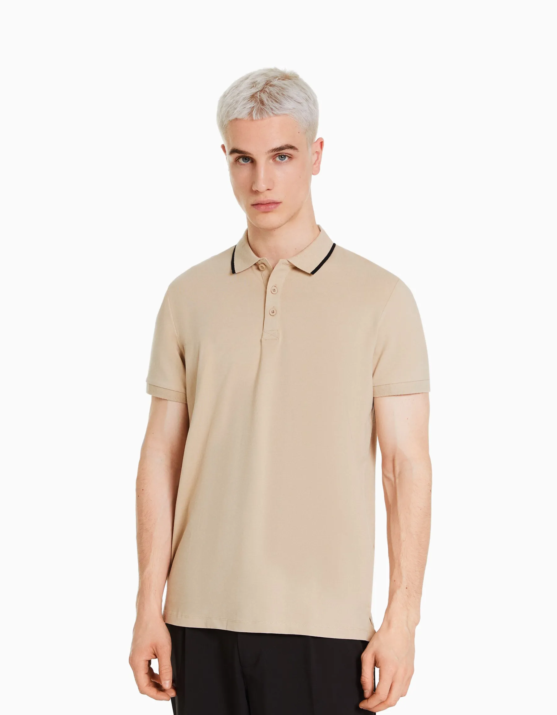 BERSHKA T-shirt manches courtes col polo bandes Blanc Outlet