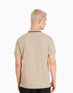 BERSHKA T-shirt manches courtes col polo bandes Blanc Outlet