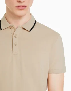 BERSHKA T-shirt manches courtes col polo bandes Blanc Outlet