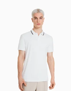 BERSHKA T-shirt manches courtes col polo bandes Blanc Store