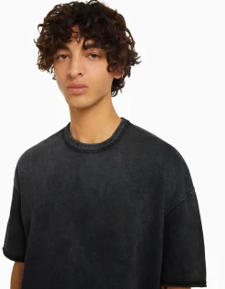 BERSHKA T-shirt manches courtes effet délavé Noir Discount
