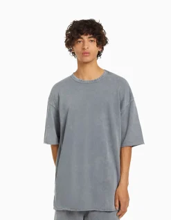 BERSHKA T-shirt manches courtes effet délavé Noir Cheap