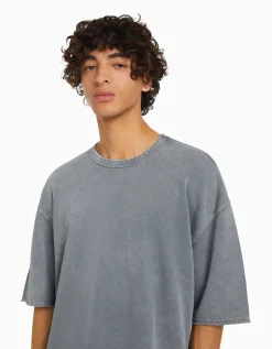BERSHKA T-shirt manches courtes effet délavé Noir Cheap