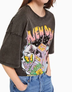 BERSHKA T-shirt manches courtes effet délavé imprimé Noir Store