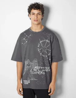 BERSHKA T-shirt manches courtes extra loose imprimé ésotérique Camel Cheap