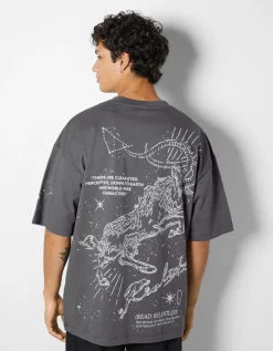 BERSHKA T-shirt manches courtes extra loose imprimé ésotérique Camel Cheap