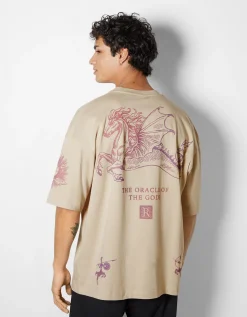 BERSHKA T-shirt manches courtes extra loose imprimé ésotérique Camel Best Sale