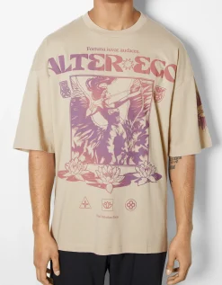 BERSHKA T-shirt manches courtes extra loose imprimé ésotérique Camel Best Sale