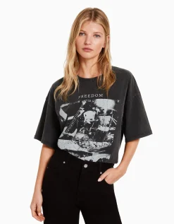 BERSHKA T-shirt manches courtes imprimé Noir Sale