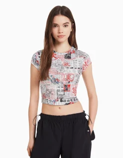 BERSHKA T-shirt manches courtes imprimé Noir Sale