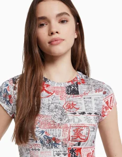 BERSHKA T-shirt manches courtes imprimé Noir Sale