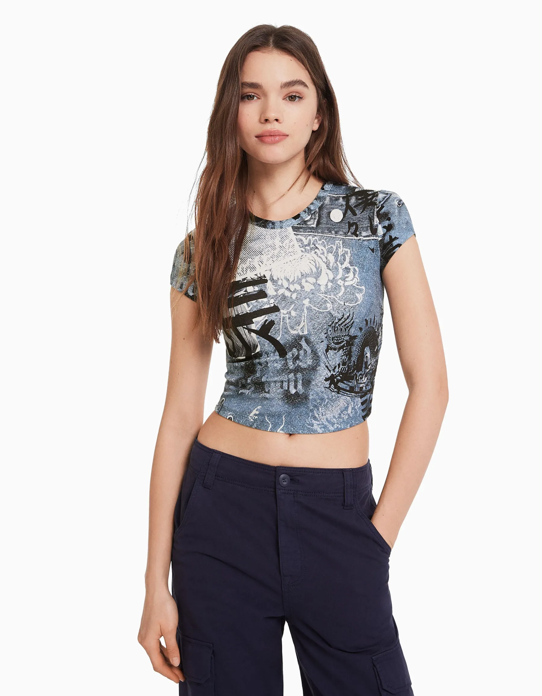 BERSHKA T-shirt manches courtes imprimé Noir Flash Sale
