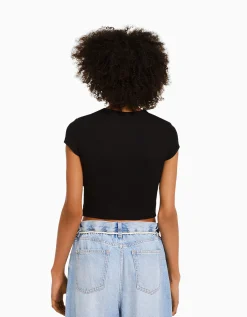 BERSHKA T-shirt manches courtes imprimé Noir Clearance