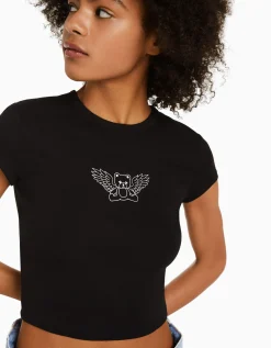 BERSHKA T-shirt manches courtes imprimé Noir Clearance