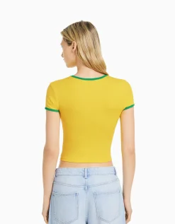 BERSHKA T-shirt manches courtes imprimé Jaune Online