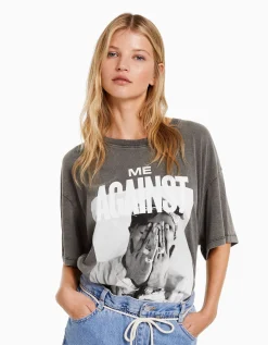 BERSHKA T-shirt manches courtes imprimé Tupac Noir Cheap