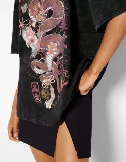 BERSHKA T-shirt manches courtes imprimé Noir Cheap