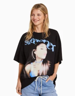 BERSHKA T-shirt manches courtes imprimé Ariana Grande Noir Discount