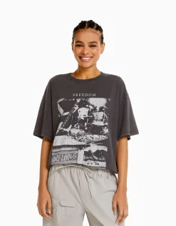 BERSHKA T-shirt manches courtes imprimé Noir Store