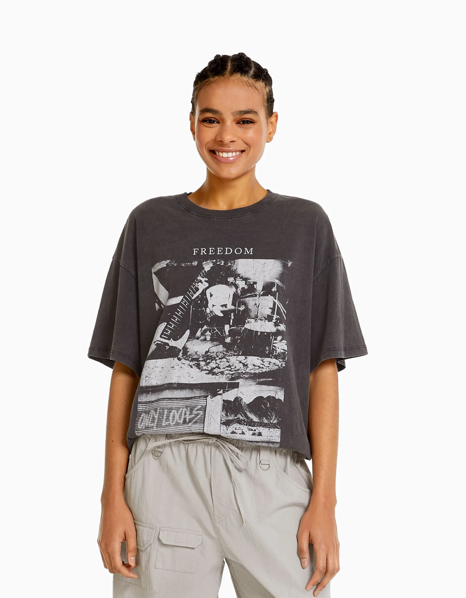 BERSHKA T-shirt manches courtes imprimé Noir Store