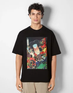 BERSHKA T-shirt manches courtes imprimé Art Series Blanc Cheap