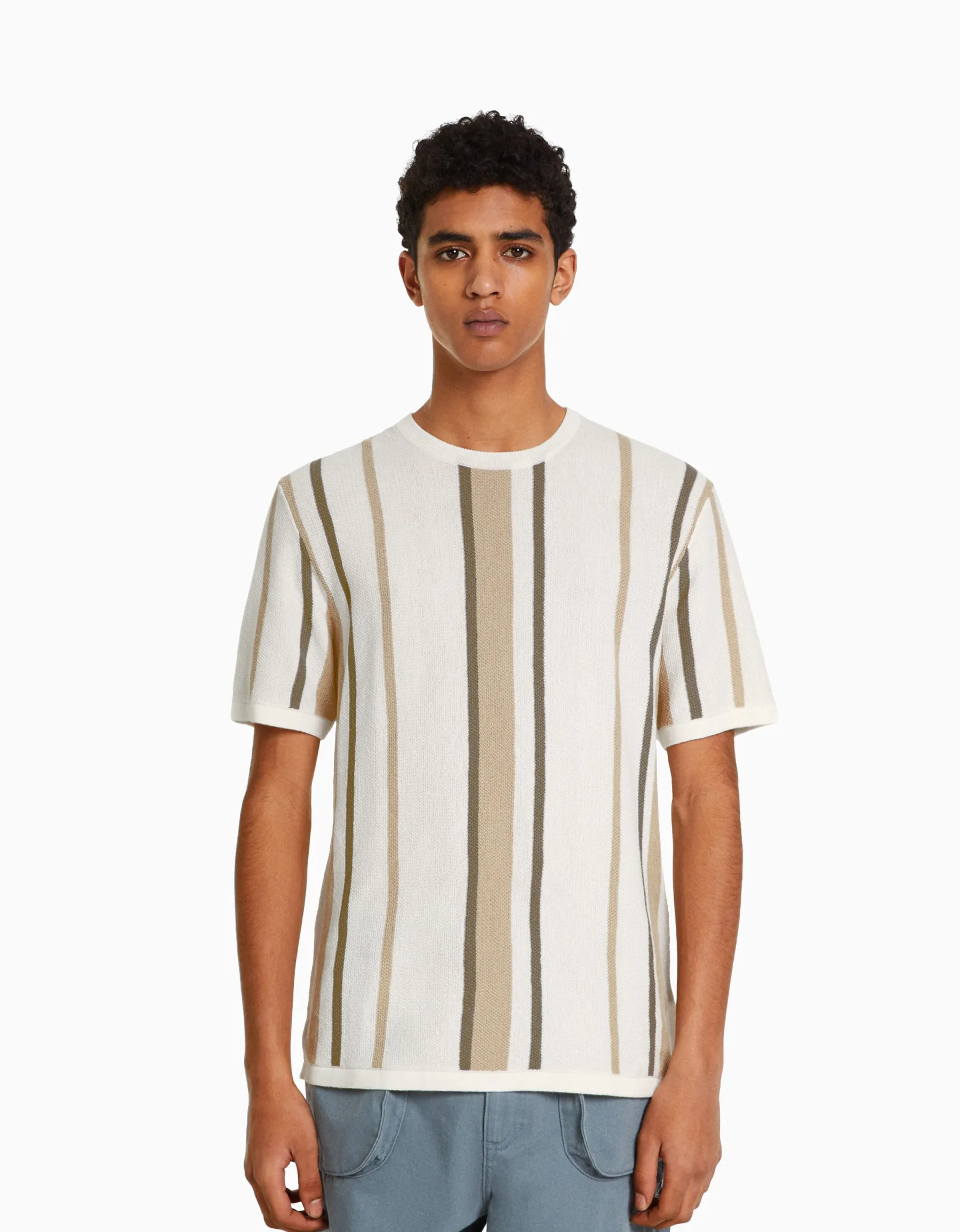 BERSHKA T-shirt manches courtes imprimé rayures verticales Écru Online