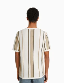 BERSHKA T-shirt manches courtes imprimé rayures verticales Écru Online