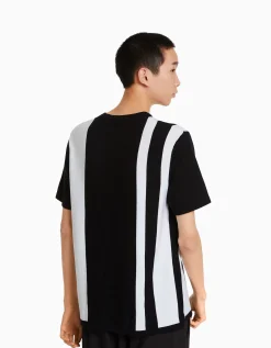 BERSHKA T-shirt manches courtes imprimé rayures verticales Noir Fashion