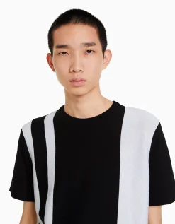 BERSHKA T-shirt manches courtes imprimé rayures verticales Noir Fashion