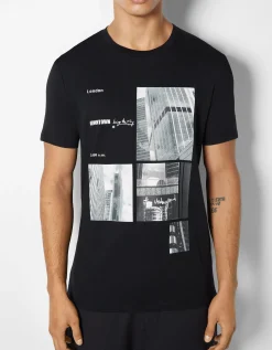 BERSHKA T-shirt manches courtes imprimé photo Blanc cassé Cheap