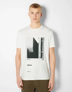 BERSHKA T-shirt manches courtes imprimé photo Blanc cassé Clearance