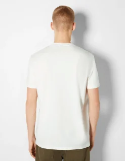 BERSHKA T-shirt manches courtes imprimé photo Blanc cassé Clearance