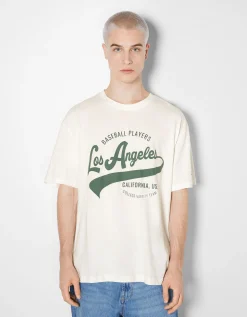 BERSHKA T-shirt manches courtes imprimé Blanc Cheap