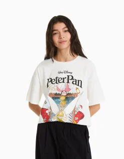 BERSHKA T-shirt manches courtes imprimé Peter Pan Blanc Cheap