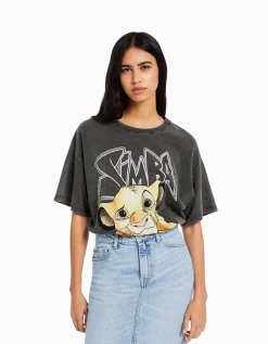 BERSHKA T-shirt manches courtes imprimé Simba Noir Sale