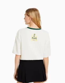 BERSHKA T-shirt manches courtes imprimé Snoopy Blanc Flash Sale