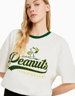 BERSHKA T-shirt manches courtes imprimé Snoopy Blanc Flash Sale