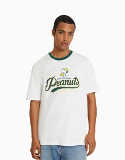 BERSHKA T-shirt manches courtes imprimé Snoopy Blanc Cheap