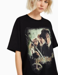 BERSHKA T-shirt manches courtes imprimé Harry Potter Noir New