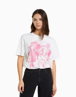 BERSHKA T-shirt manches courtes imprimé Blanc cassé New