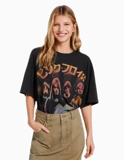 BERSHKA T-shirt manches courtes imprimé Pink Floyd Noir Online