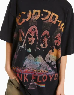 BERSHKA T-shirt manches courtes imprimé Pink Floyd Noir Online
