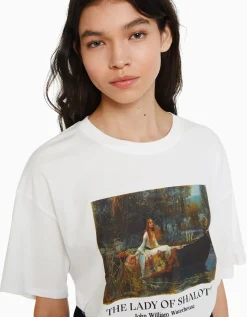 BERSHKA T-shirt manches courtes imprimé Art Series Blanc cassé Cheap